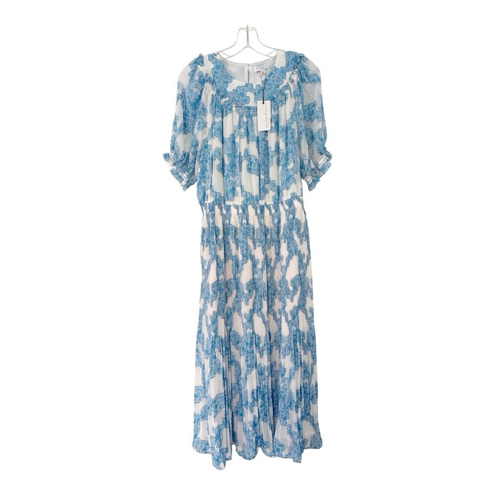 Current Air Dress Pleated Crepe Blue Floral Ruffle Midi Prairie Size Medium New